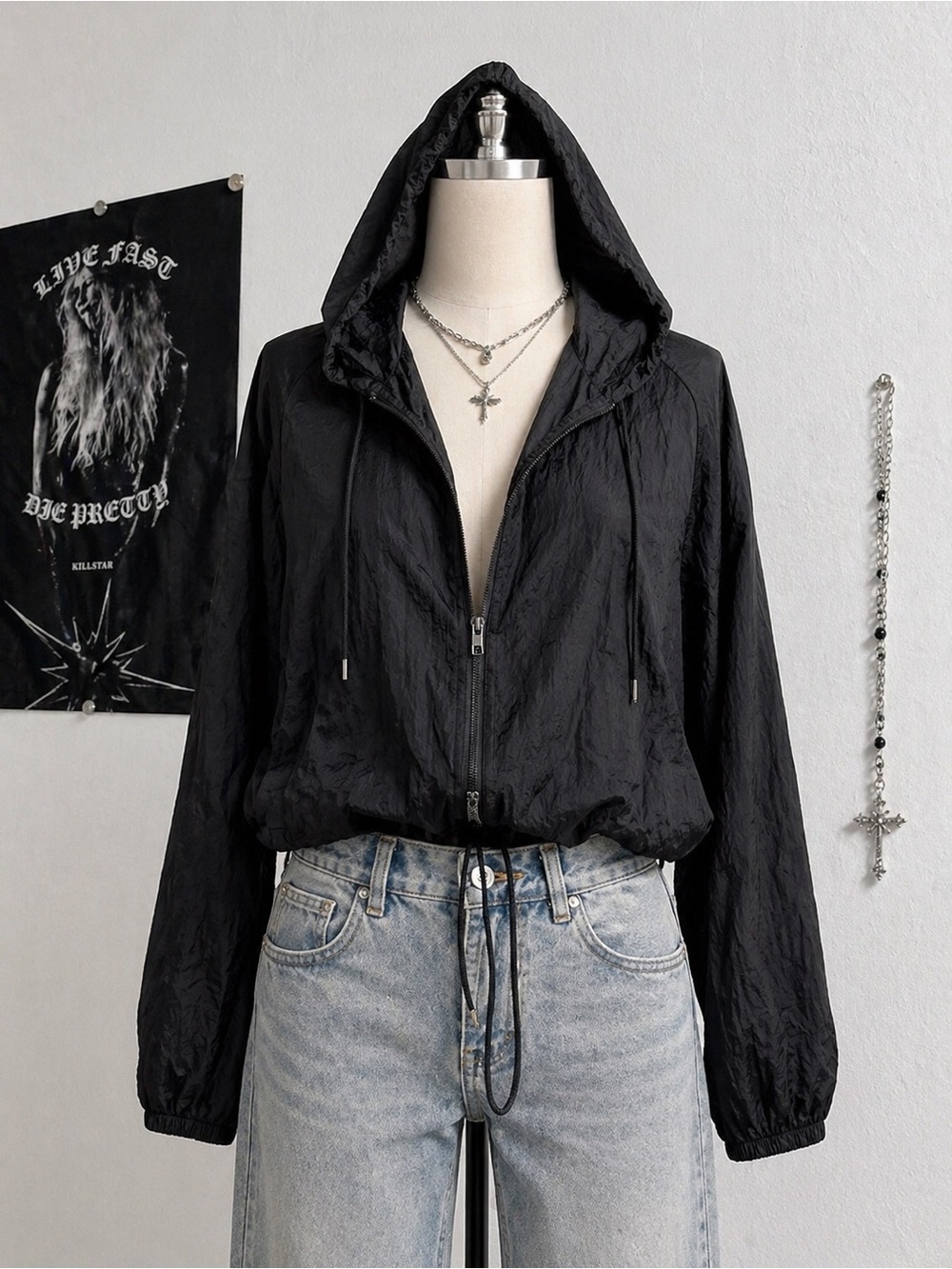 Lightweight Black Hooded Bomber Jacket - Unbranded